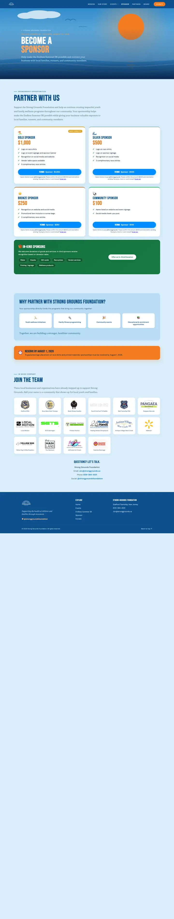 Sponsor page with tier checkout, full length
