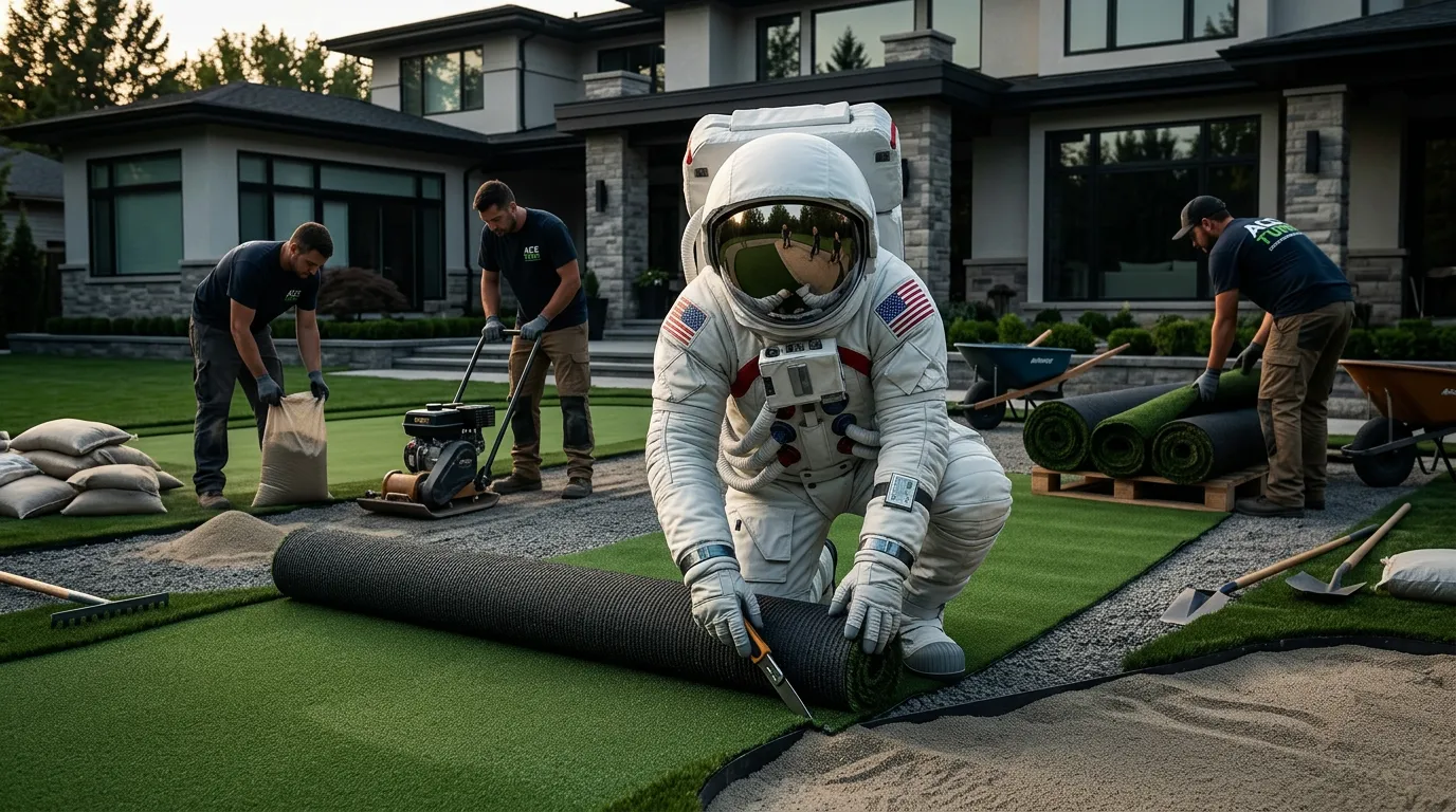 An astronaut working alongside a real crew on a backyard turf install