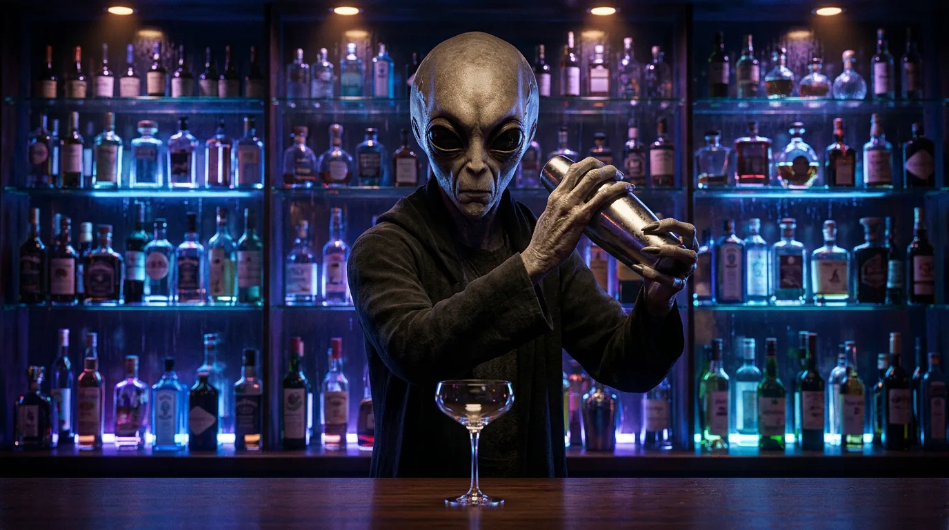 A grey alien in dark clothing shakes a cocktail shaker behind a dimly lit bar lined with backlit liquor bottles.