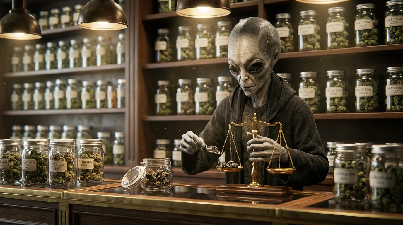 A grey alien seated at a wooden counter surrounded by labeled glass jars carefully weighs cannabis on a vintage brass balance scale.