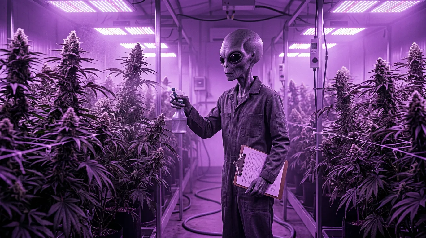 A grey alien in a lab coat holds up a cannabis sample and carries a clipboard while walking through a purple-lit commercial grow room.