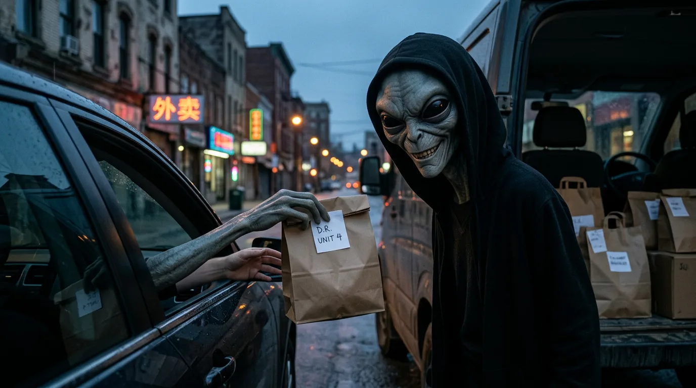 A grey alien in a black hoodie passes a paper delivery bag through a car window on a rainy city street at dusk.