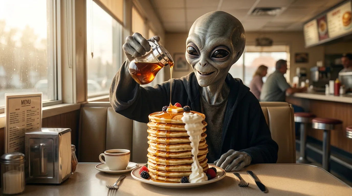 A grey alien pours maple syrup over a towering stack of pancakes at a bright breakfast diner booth.