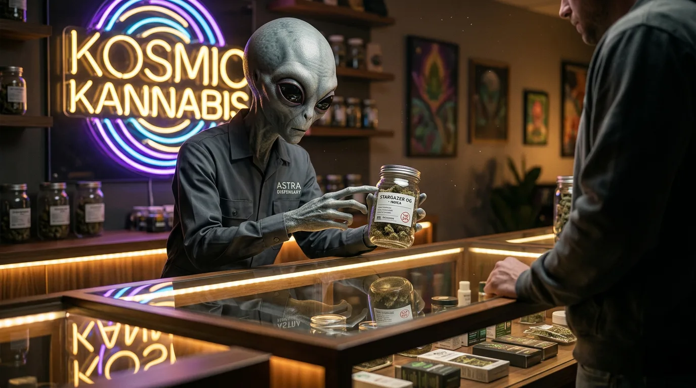 A grey alien behind a glass display case at a cannabis dispensary holds up a jar of product for a customer.