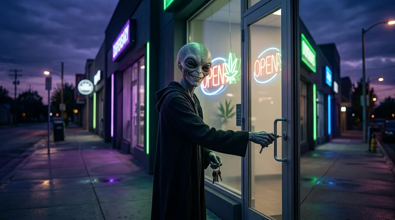A grey alien in a dark robe opens the glass door of a cannabis dispensary at night, with green neon open signs and a cannabis leaf logo glowing in the window.
