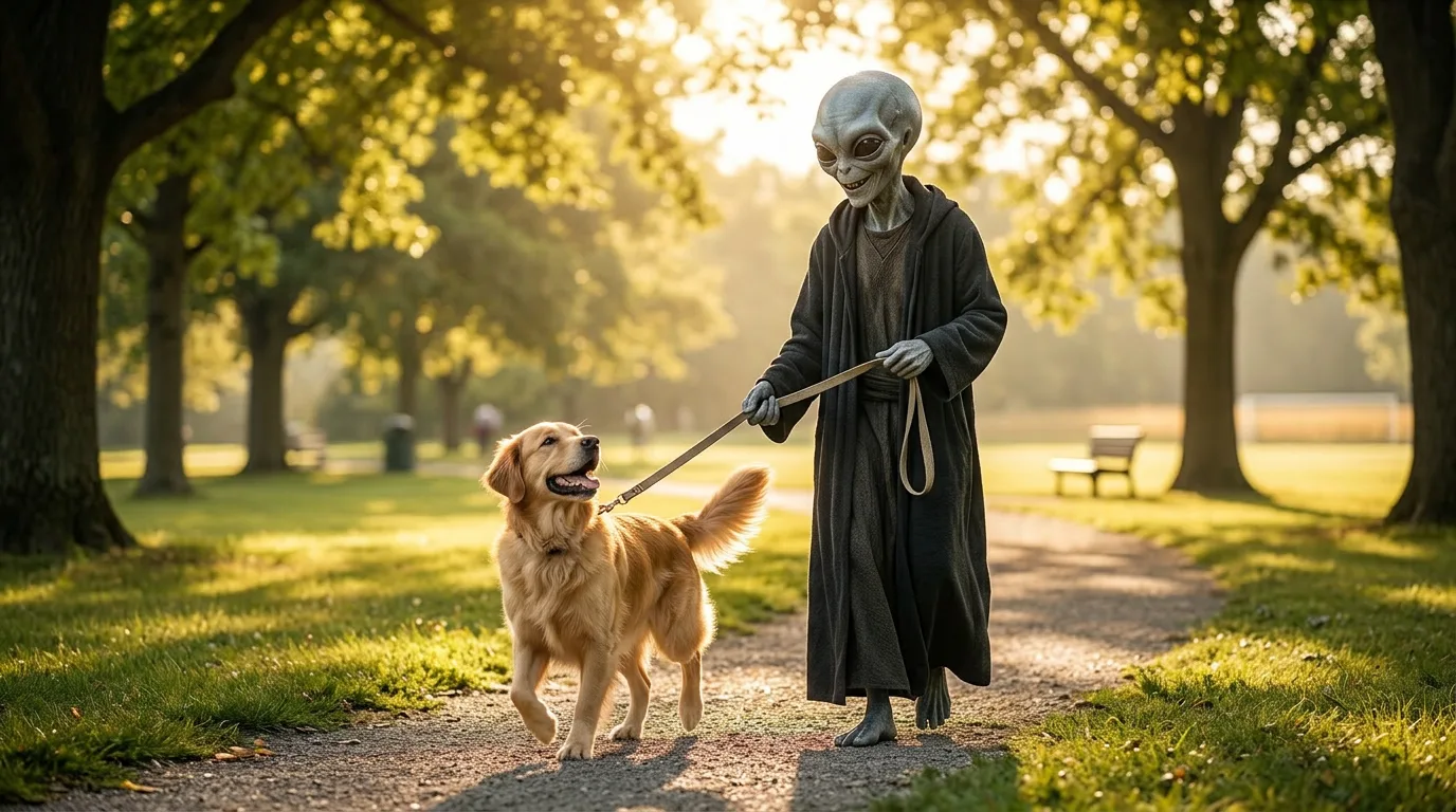A grey alien in a dark robe walks a golden retriever on a leash along a sunlit park path lined with trees.