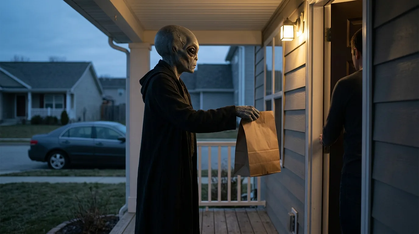 A grey alien in a dark cloak hands a paper bag to a homeowner at a residential front door at dusk.