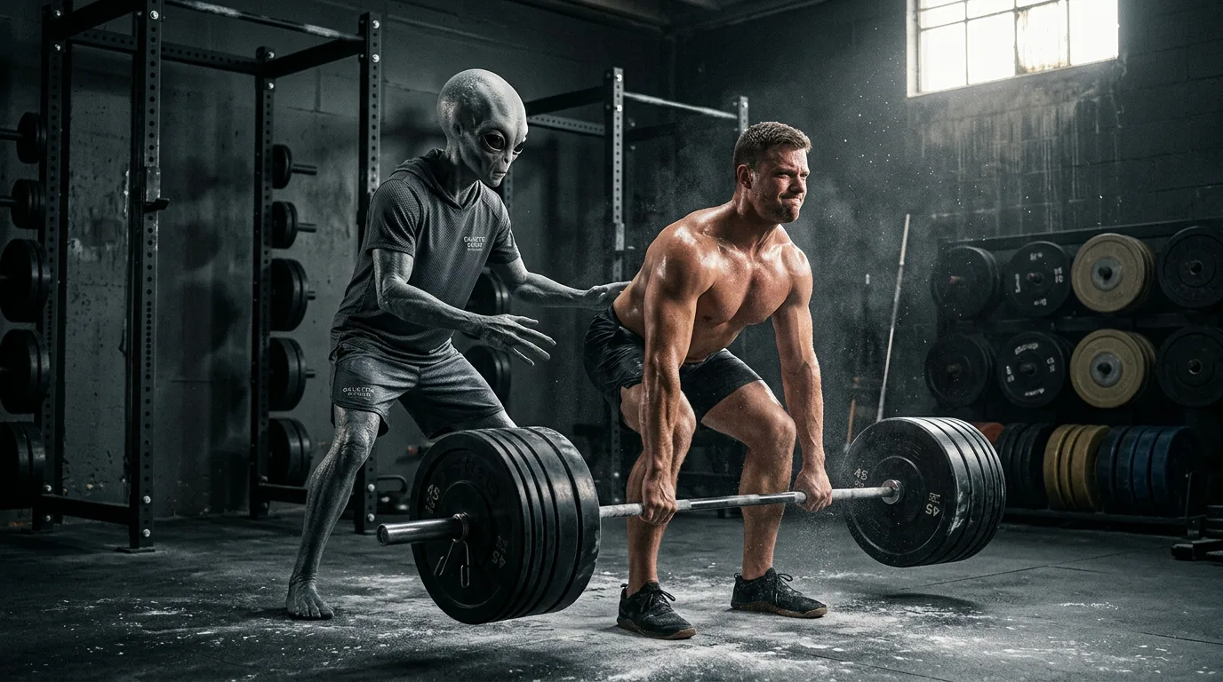 A grey alien stands behind a man in a dark gym, acting as spotter while the man lifts a heavily loaded barbell from the floor.