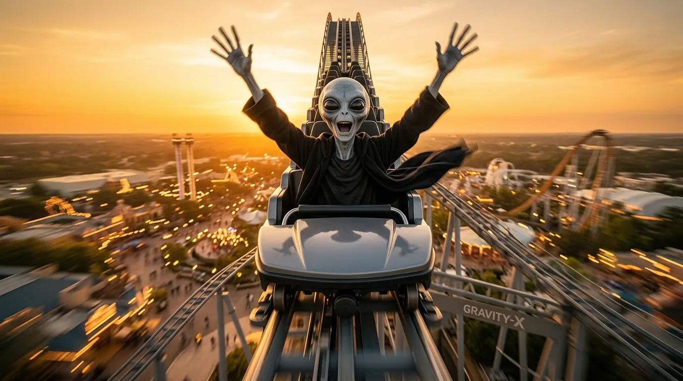 A grey alien in a dark coat rides the front car of a roller coaster at the top of a drop, arms raised, against a sunset sky above an amusement park.