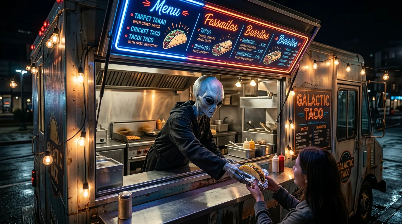 A grey alien leans out of a lit food truck window to hand a burrito to a customer at night.