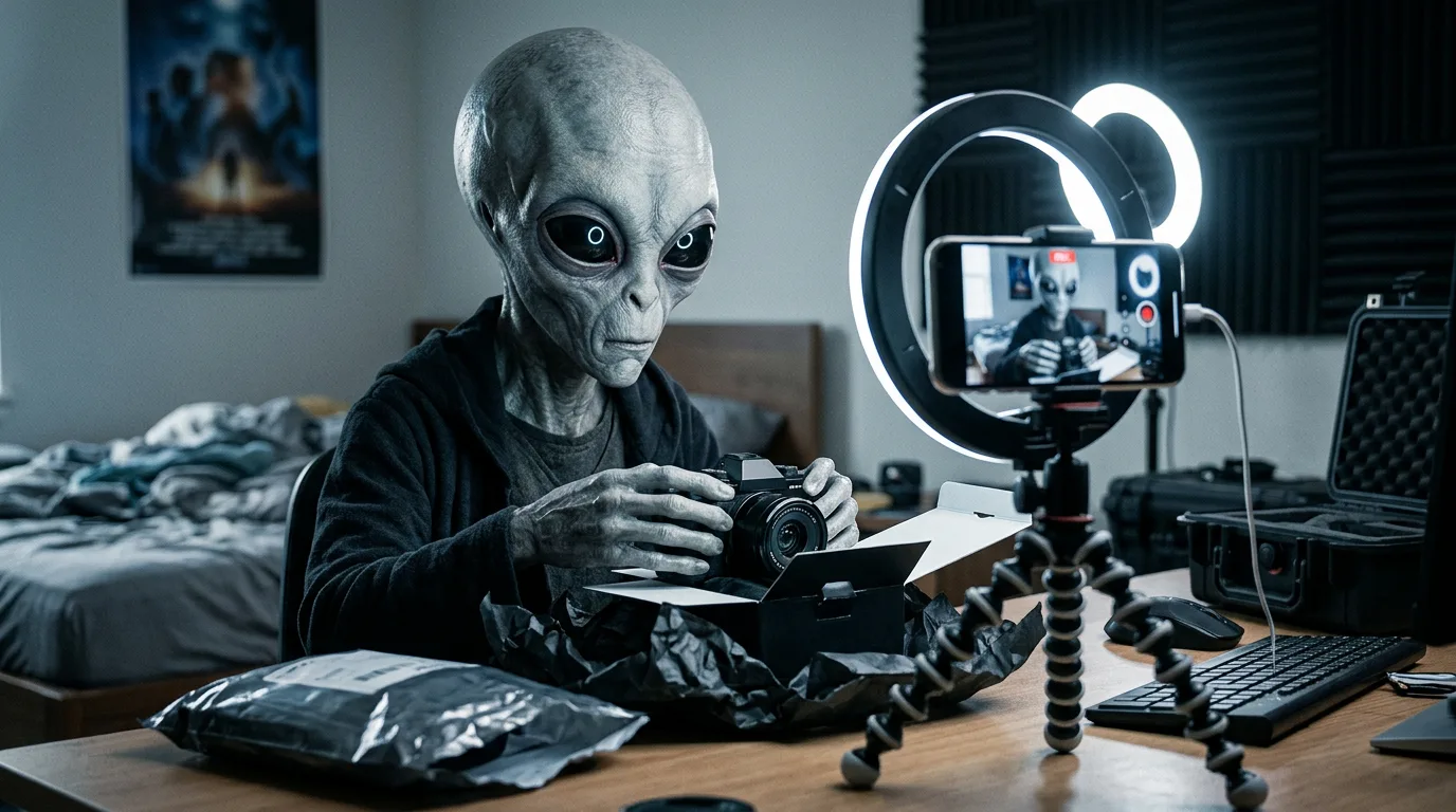 A grey alien examines an item from a shipping bag at a desk with a ring light and smartphone on a tripod.