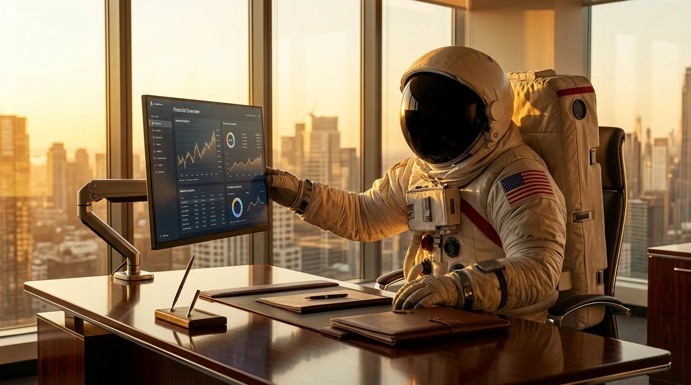 An astronaut points at dual monitors displaying data dashboards in a corner office overlooking a city skyline at golden hour.
