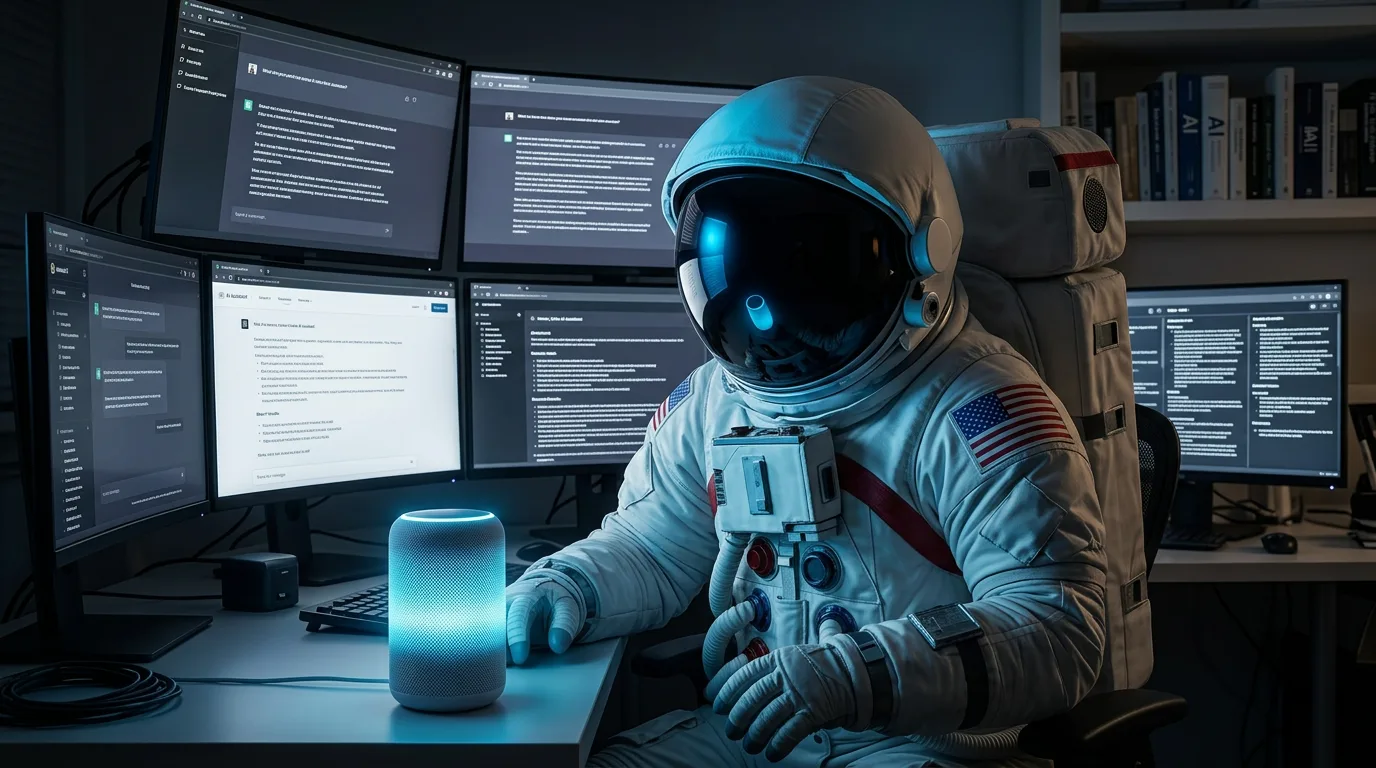 An astronaut examines a glowing smart speaker at a desk surrounded by multiple monitors displaying chat and data interfaces.
