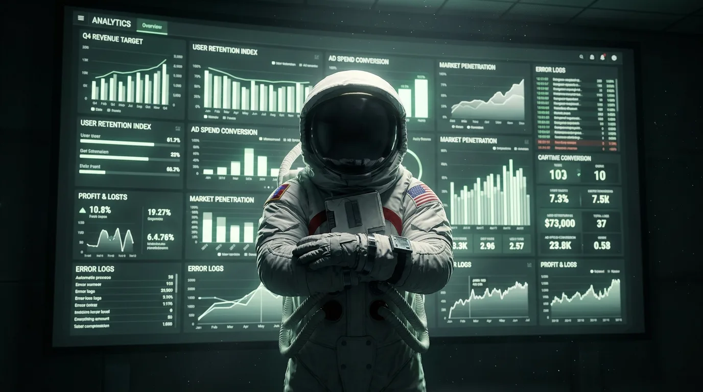 An astronaut stands with arms crossed in front of a massive dark screen displaying charts, graphs, and analytics metrics.