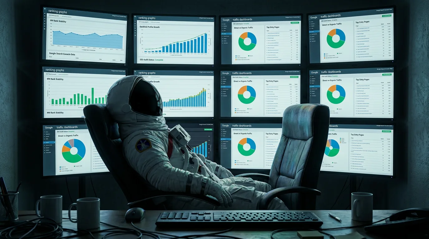 An astronaut reclines in a chair in front of a nine-screen wall of analytics dashboards showing charts and performance metrics in a dark room.