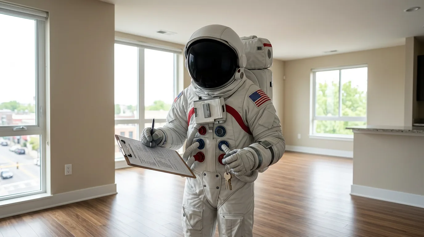 An astronaut stands alone in a bright unfurnished apartment holding a clipboard, looking around the open-plan space with large windows.