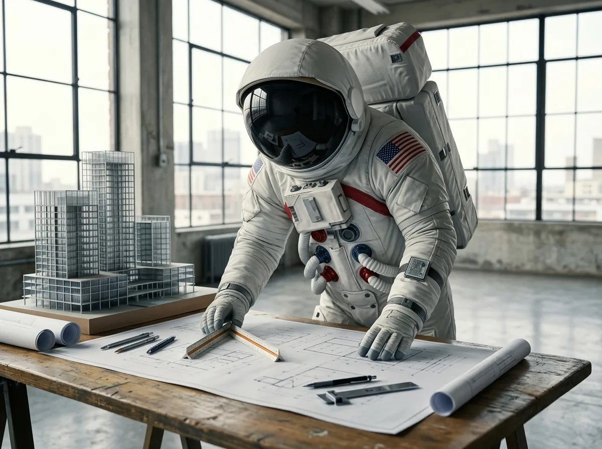 An astronaut leans over a large blueprint spread on a workbench beside a scale city model in a bright loft studio.