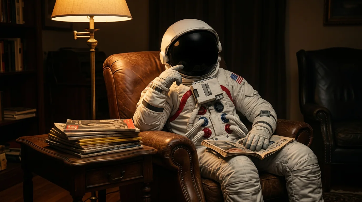 An astronaut sits in a worn leather armchair under a floor lamp, reading a book beside a stack of magazines in a cozy living room.