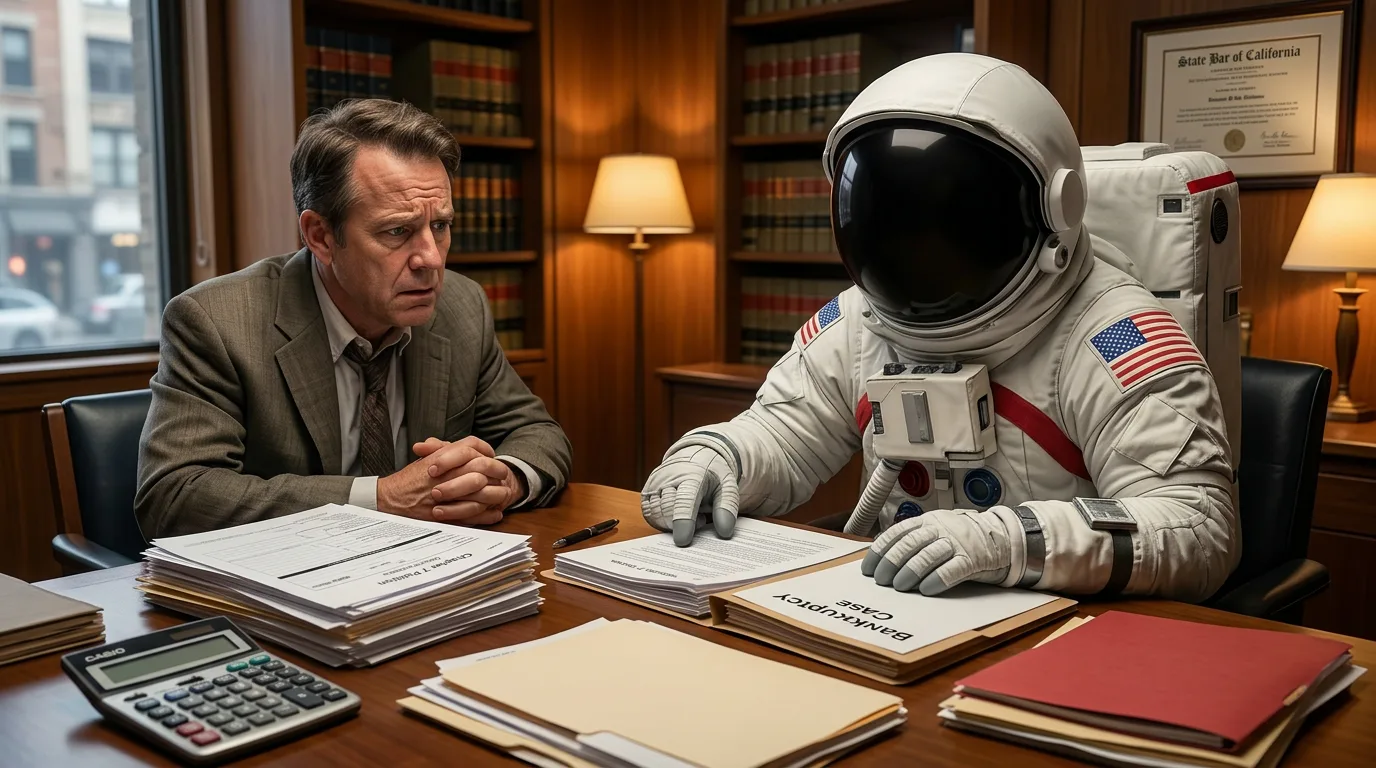 An astronaut sits beside a man in a suit at a heavy wooden desk in a traditional law office lined with bookshelves and files.