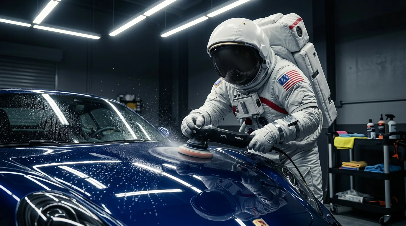 An astronaut uses a powered polisher on the hood of a dark blue sports car inside a bright professional detailing garage.