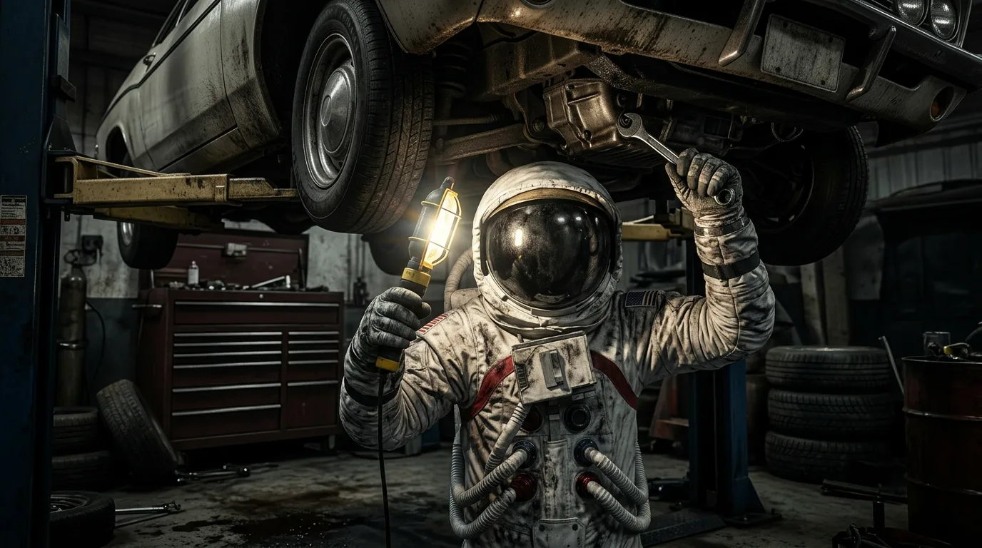 An astronaut crouches beneath a car elevated on a lift in a dark auto repair garage, holding a work light and examining the undercarriage.