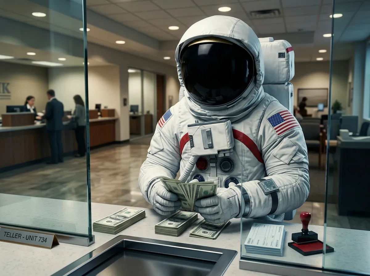 An astronaut stands at a bank teller window counting a stack of cash with other customers in the background.