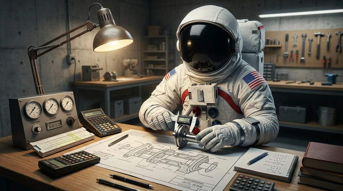 An astronaut leans over a cluttered workshop desk under a lamp, sketching technical drawings with gauges and calculators nearby.