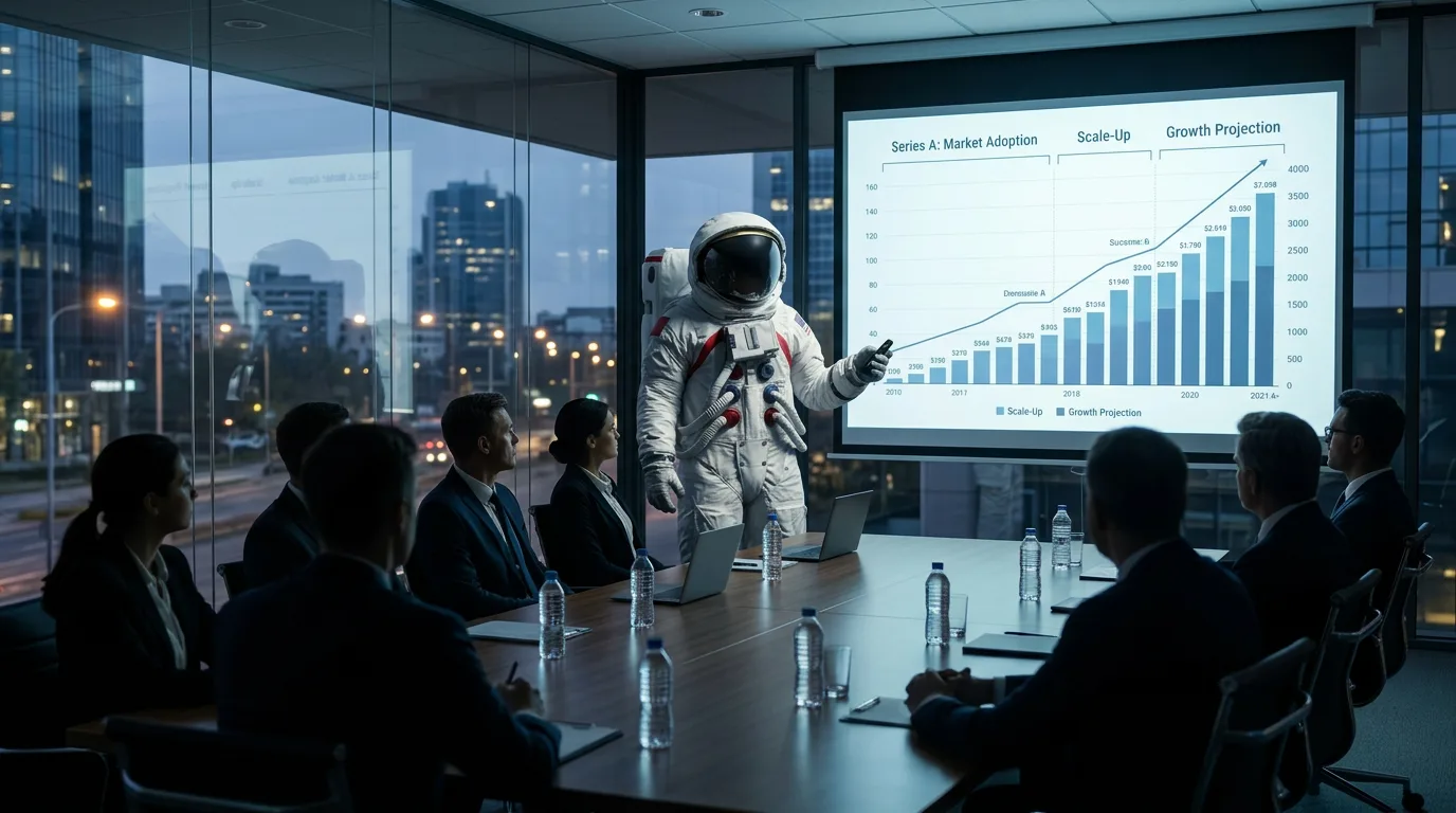 An astronaut stands at the head of a conference table presenting a rising bar chart on a large screen to suited executives at night.