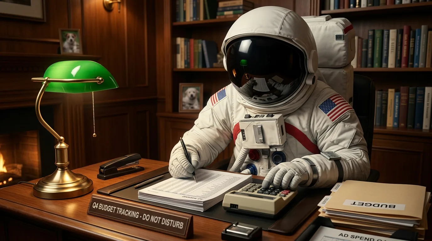 An astronaut bends over paperwork and a calculator under a green banker's lamp at a polished wooden desk in a home office.