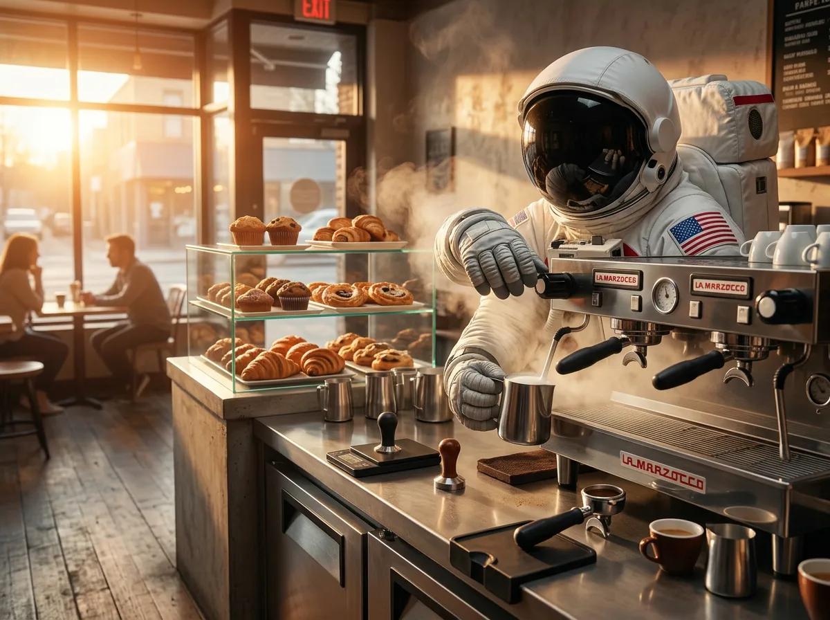 An astronaut works behind a cafe counter operating a commercial espresso machine with croissants in a glass case nearby.