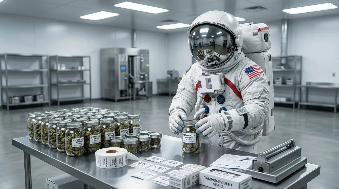 An astronaut applies labels to cannabis jars at a stainless steel table inside a clean commercial dispensary facility.