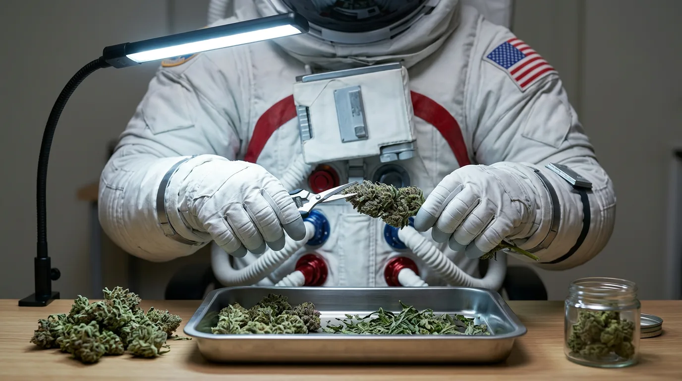 An astronaut uses scissors to trim cannabis buds on a metal tray at a dimly lit workbench.