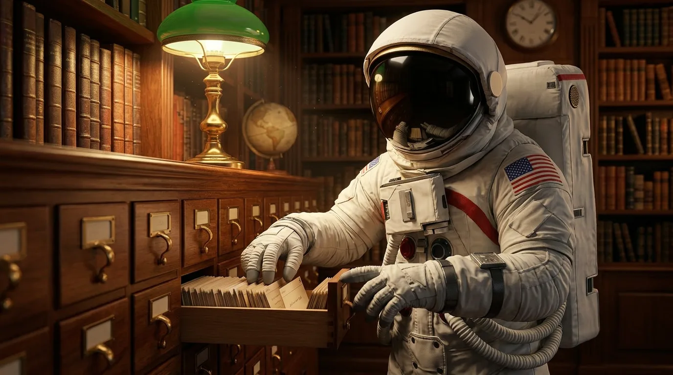 An astronaut rifles through the wooden drawers of a library card catalog under a green banker's lamp surrounded by bookshelves and a globe.