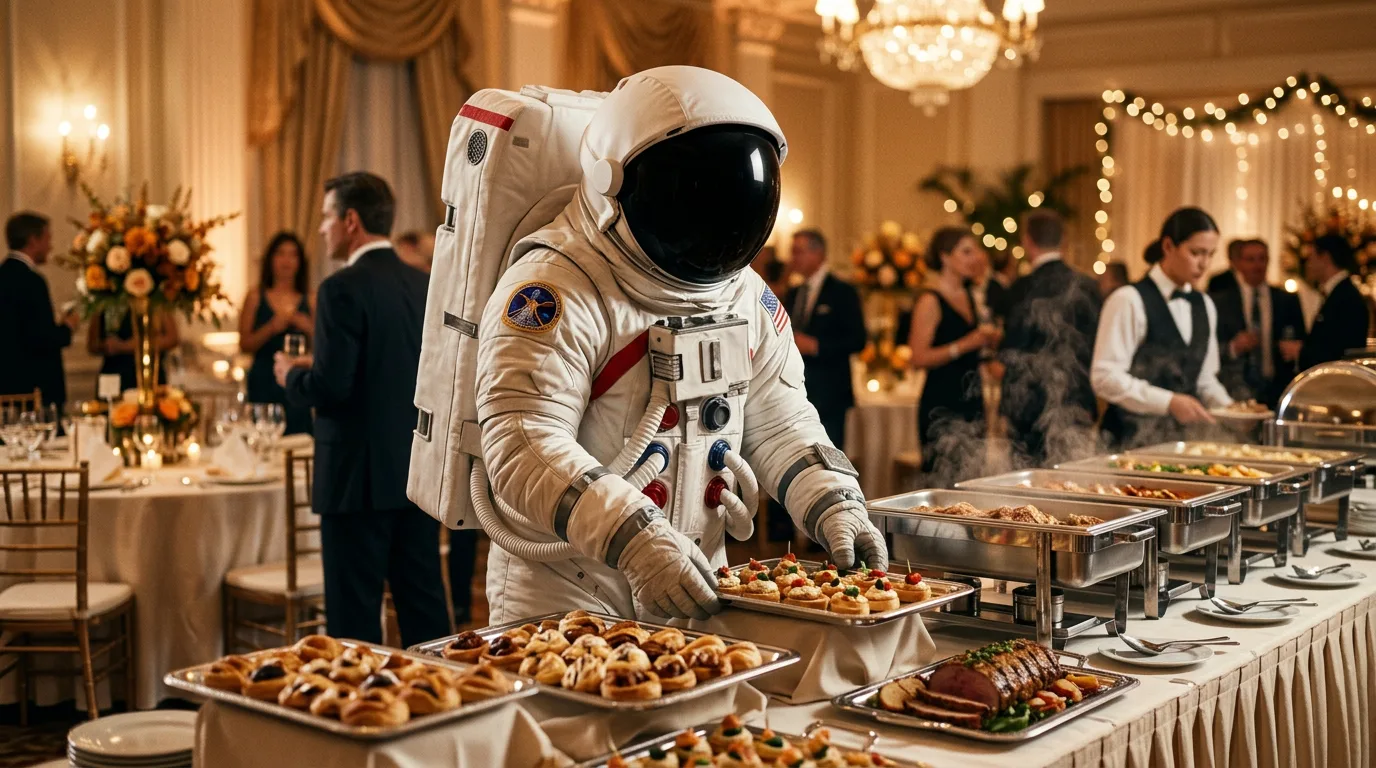 An astronaut tends a lavish buffet spread at a formal gala surrounded by elegantly dressed guests in a chandelier-lit ballroom.