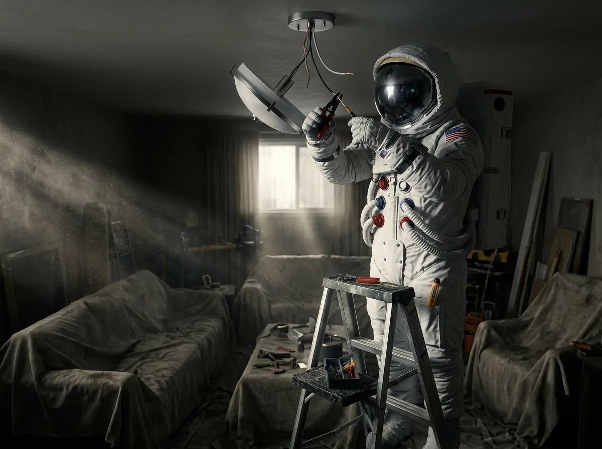 An astronaut stands on a stepladder in a living room drilling into a ceiling light fixture.