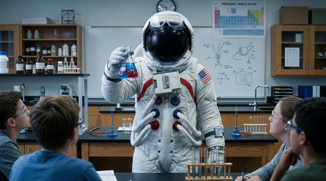 An astronaut holds up a blue chemical flask while teaching a high school chemistry class with students at lab benches.