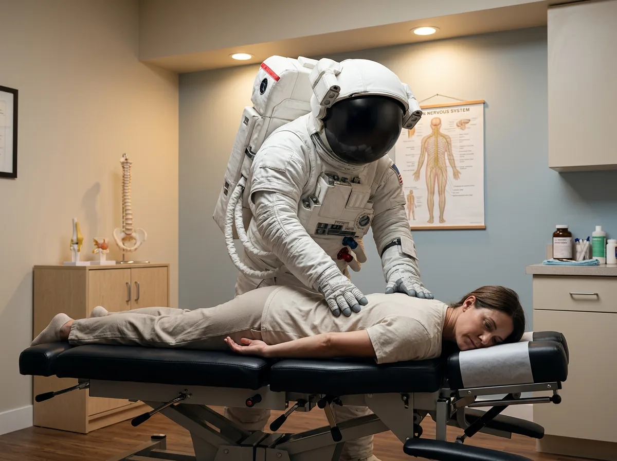 An astronaut leans over a patient lying face-down on a treatment table in a chiropractic clinic with a spine chart on the wall.