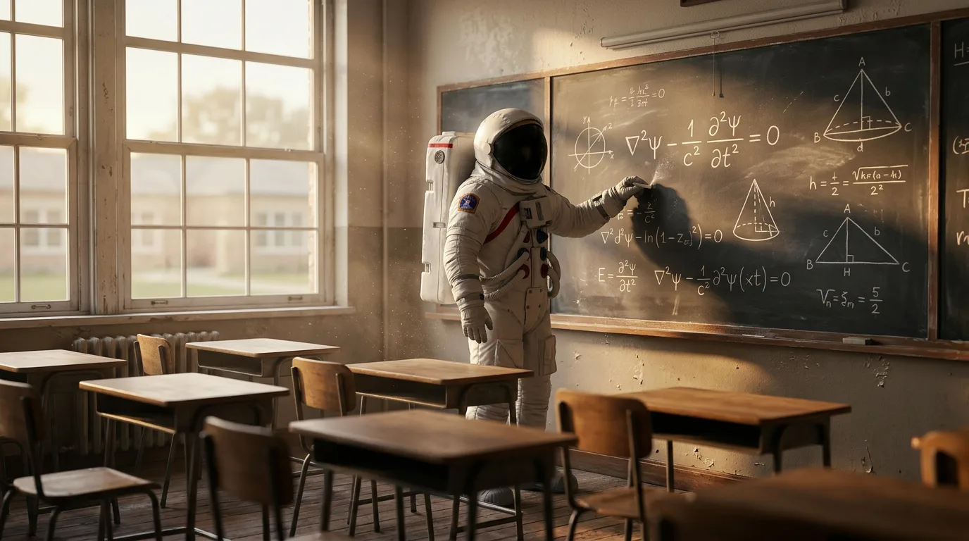 An astronaut writes equations on a chalkboard in an empty classroom with sunlight streaming through the windows.