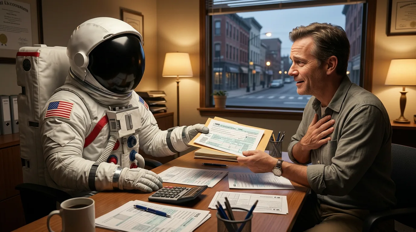 An astronaut sits across a cluttered desk from a smiling middle-aged man in a warmly lit street-level office, exchanging documents.