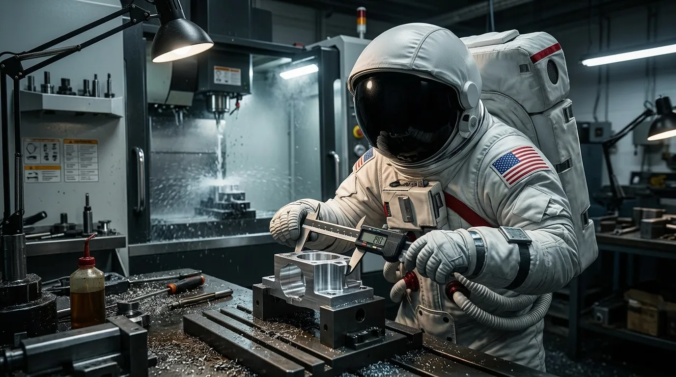An astronaut operates a precision CNC milling machine in a dim machine shop, measuring a metal workpiece with calipers.