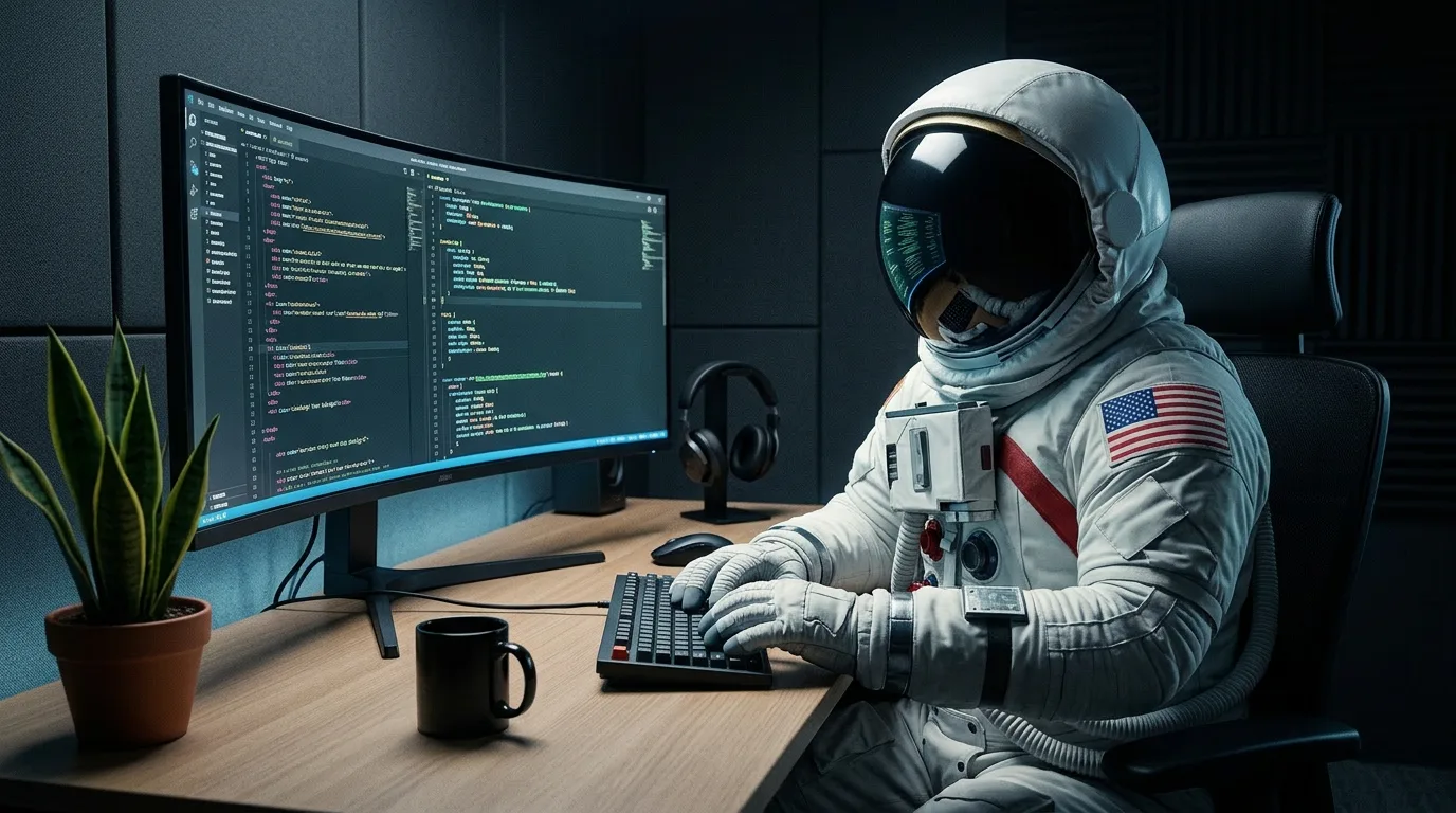 An astronaut types at a keyboard in front of a wide monitor displaying colorful code in a dark home office.