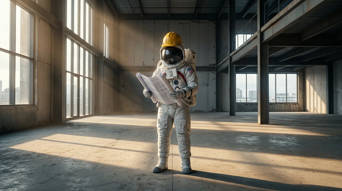 An astronaut in a yellow hard hat stands in an unfinished commercial space reviewing a large set of blueprints.