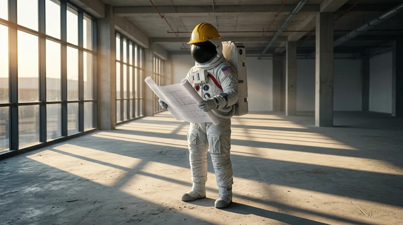 An astronaut wearing a yellow hard hat stands in an unfinished concrete building reading large blueprint plans in golden morning light.