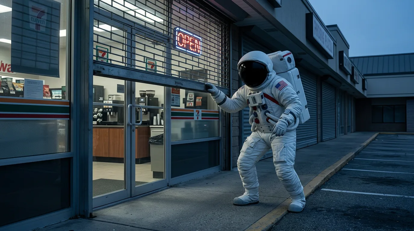 An astronaut reaches for the door of a convenience store in a strip mall parking lot in early morning blue-hour light.