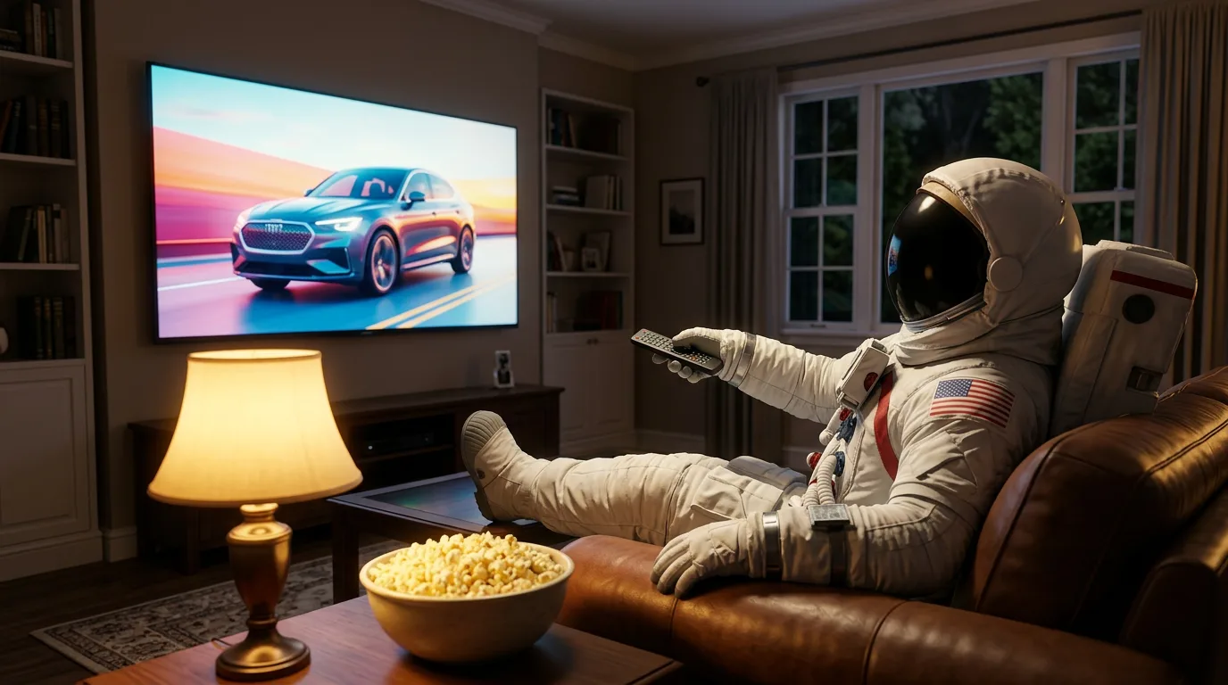 An astronaut reclines on a leather sofa holding a remote, watching a commercial on a large TV with popcorn on the coffee table.