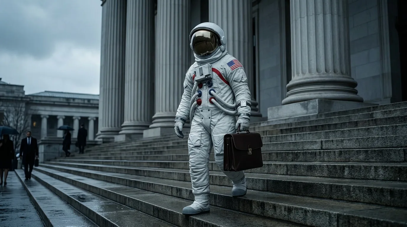An astronaut carries a briefcase down the stone steps of a columned courthouse.