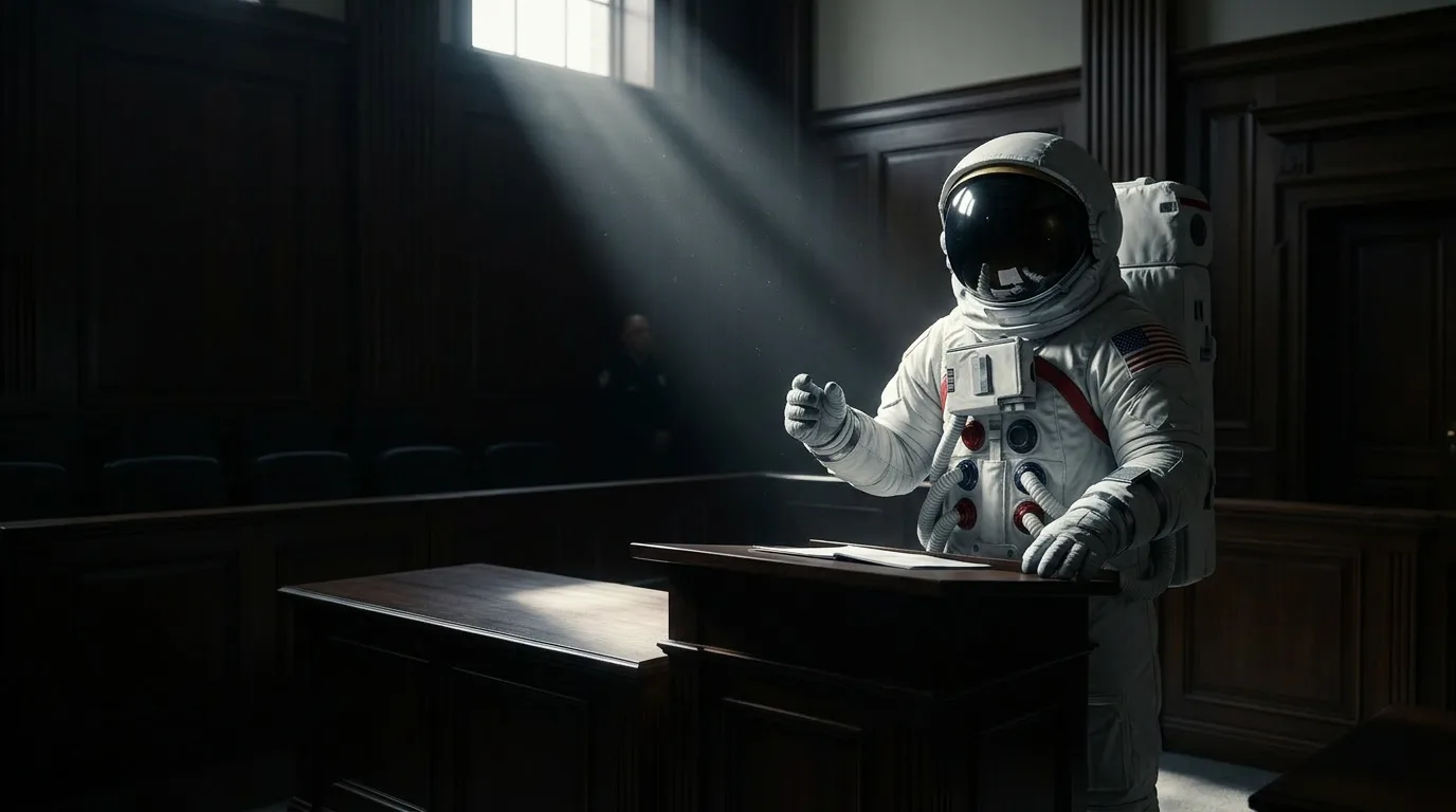 An astronaut stands at a courtroom lectern gesturing with one hand under dramatic light in an empty courtroom.