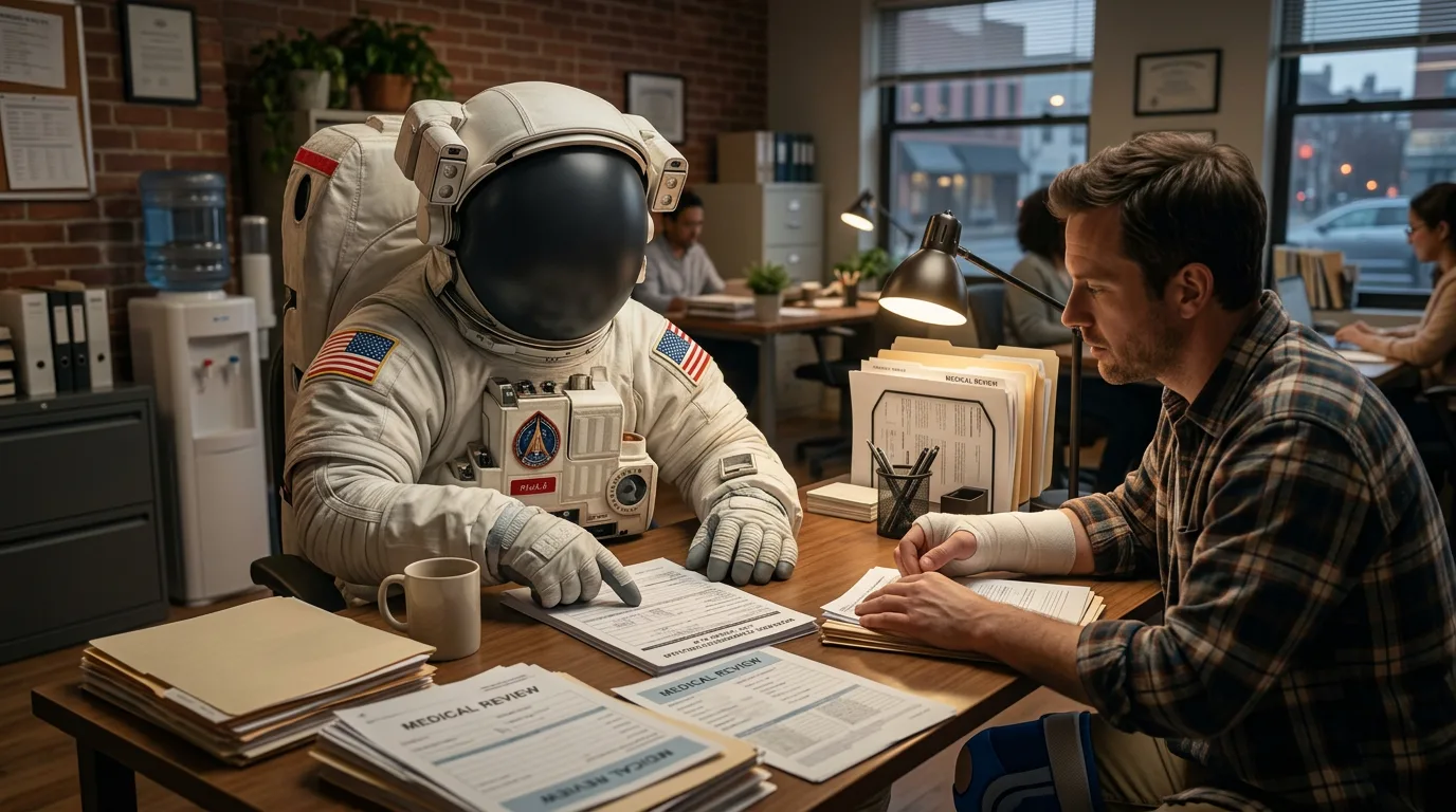 An astronaut sits at a shared desk covered in documents across from a man in a flannel shirt in a busy open-plan brick office.