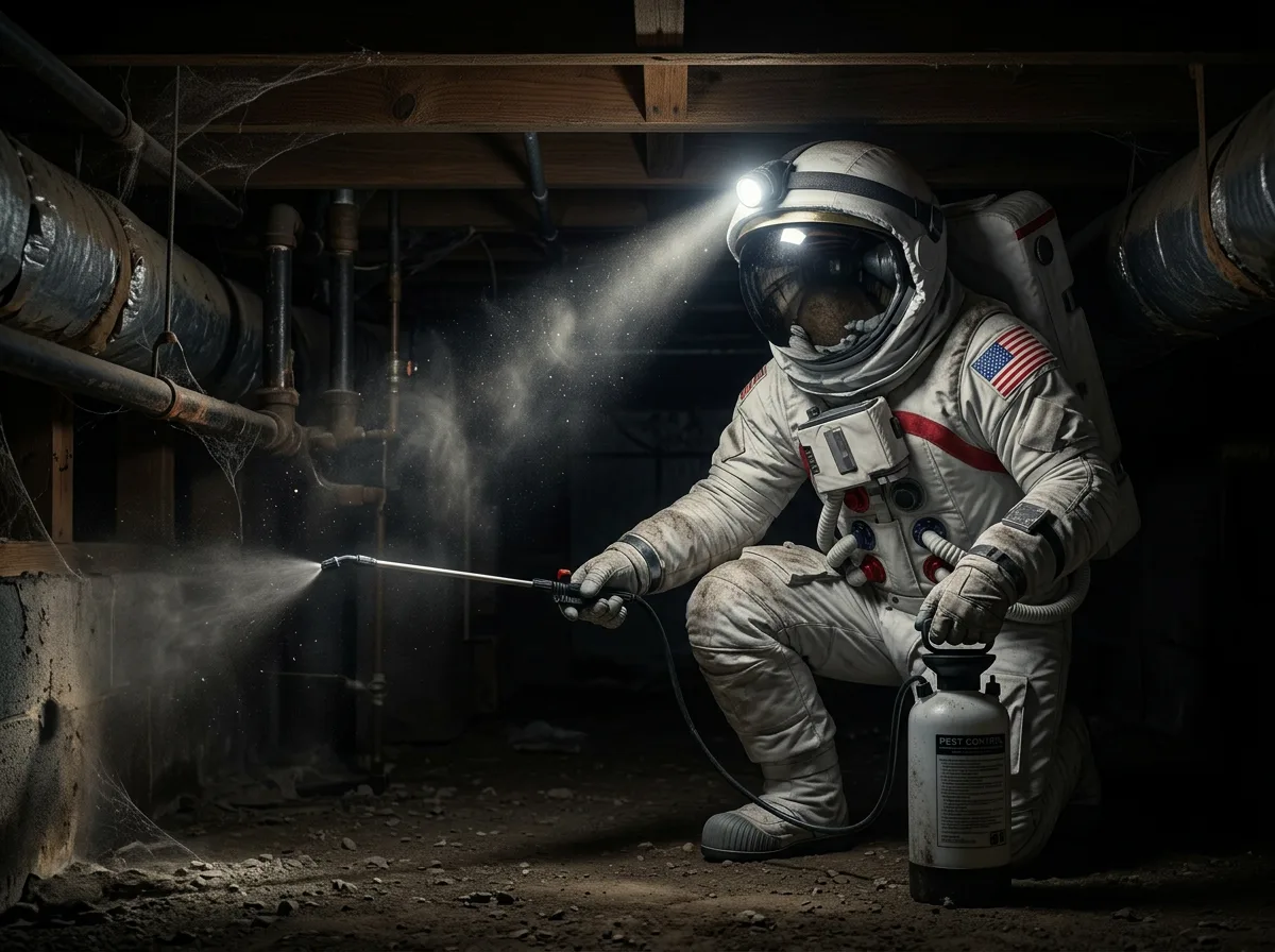 An astronaut crouches in a dark crawl space under a house spraying a canister with a beam of light cutting through the dust.