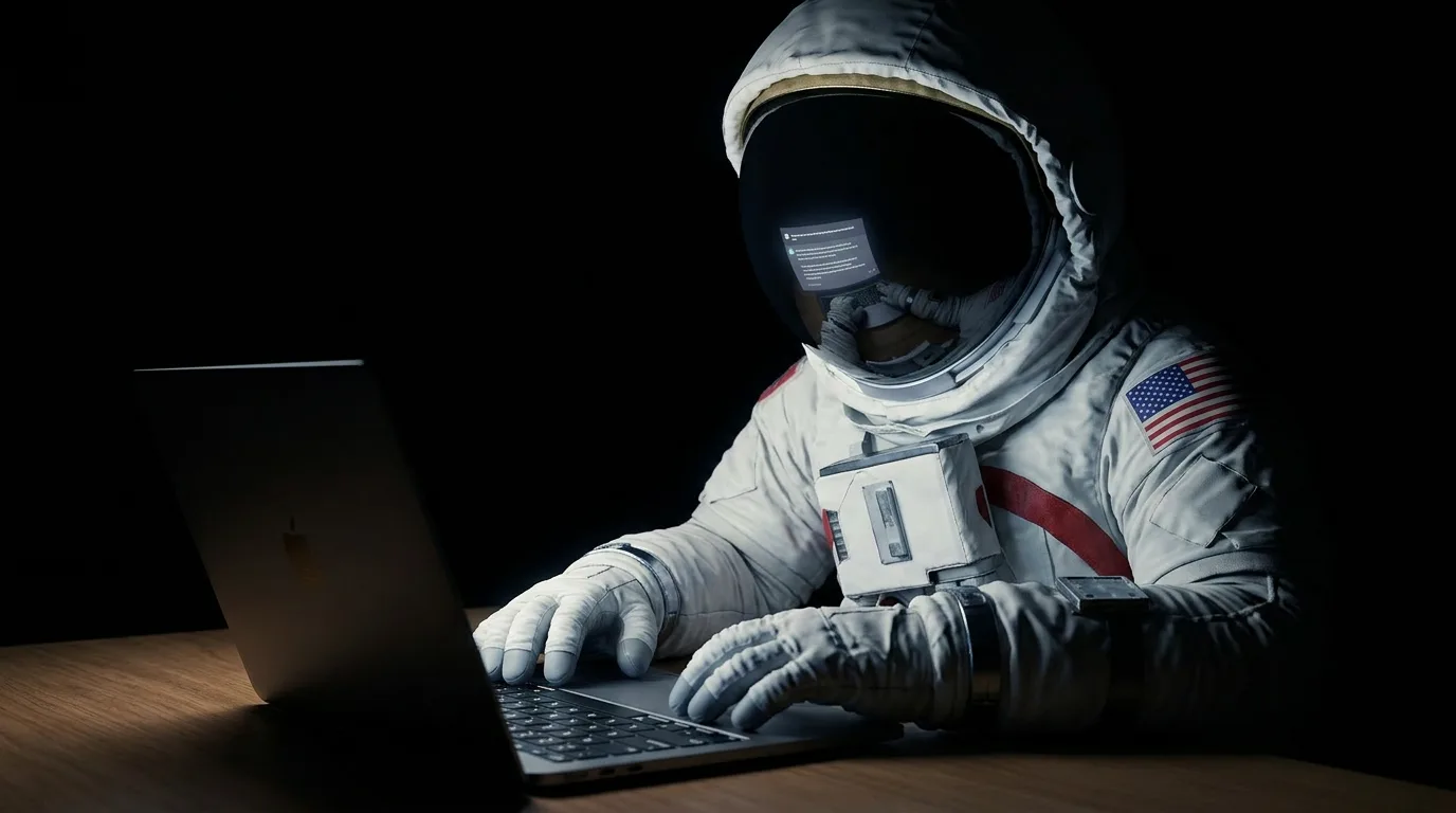 An astronaut hunches over a glowing laptop on a dark table, face reflected faintly in the screen.